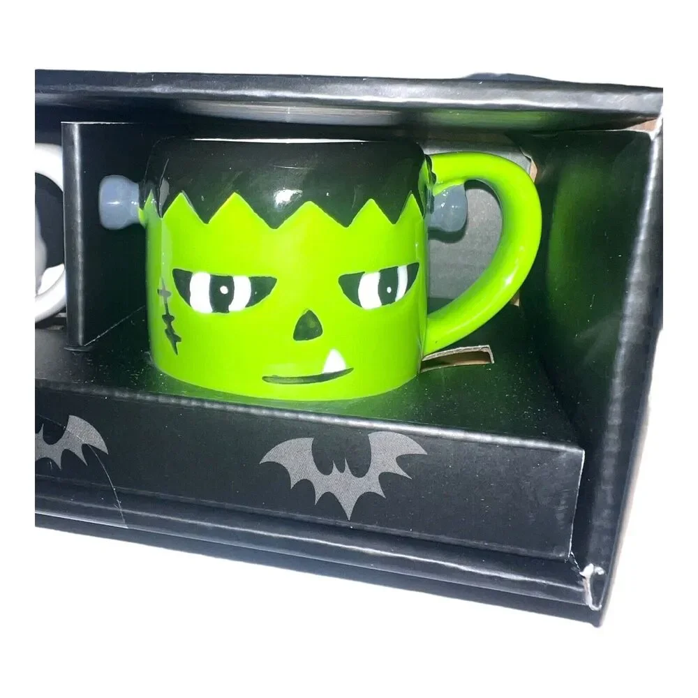 Halloween Lang Espresso 4 Hand-Painted Character Cups Pumpkin Cat Mummy Frank